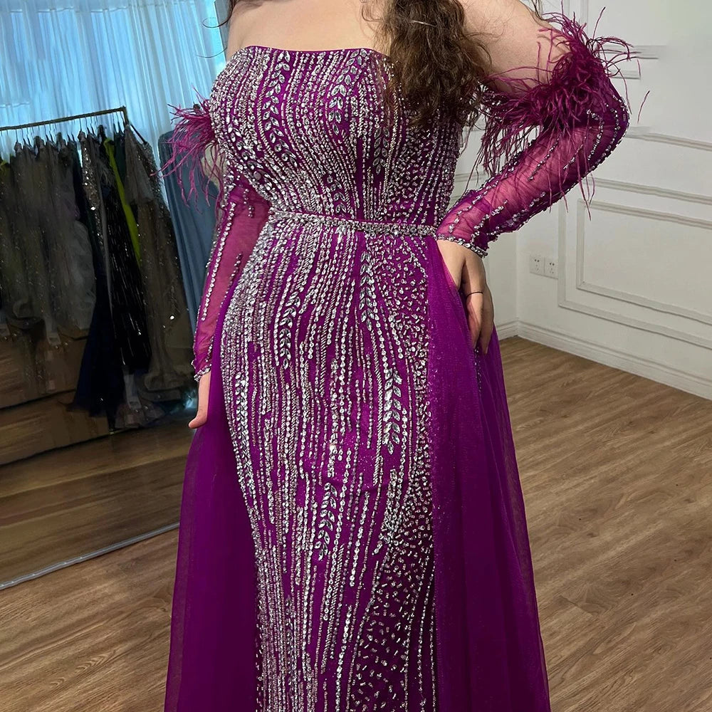 Serene Hill Lilac Mermaid Overskirt Feather Beaded Evening Dresses With Gloves Gowns 2025 For Women Party LA72029 - SERENE HILL