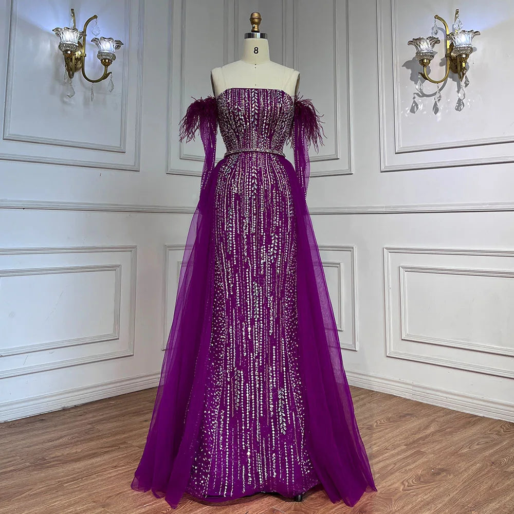 Serene Hill Lilac Mermaid Overskirt Feather Beaded Evening Dresses With Gloves Gowns 2025 For Women Party LA72029 - SERENE HILL