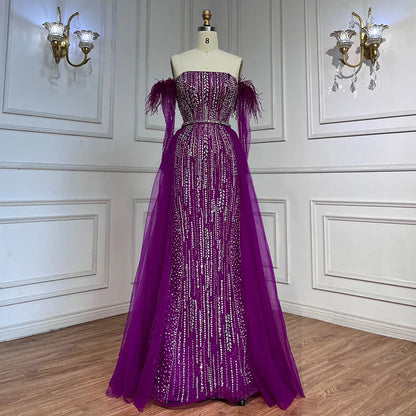 Serene Hill Lilac Mermaid Overskirt Feather Beaded Evening Dresses With Gloves Gowns 2025 For Women Party LA72029 - SERENE HILL