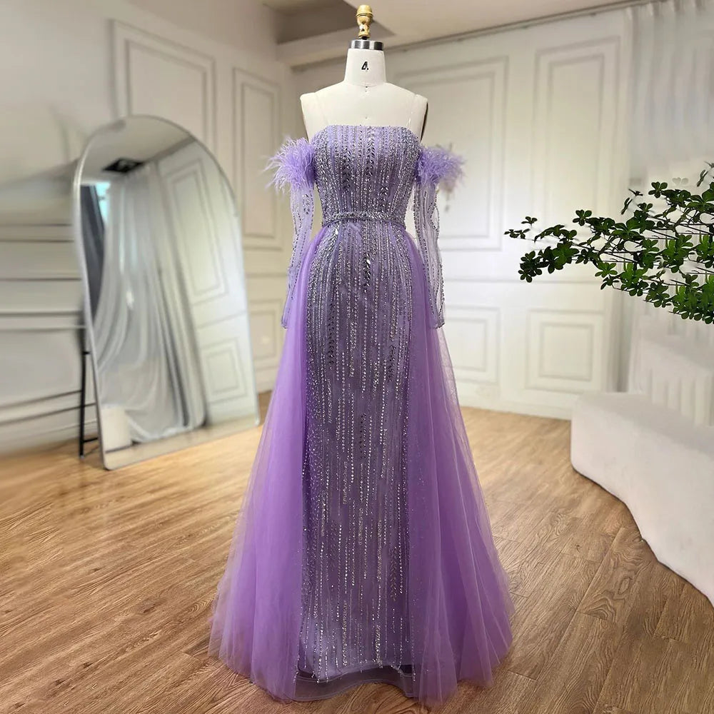 Serene Hill Lilac Mermaid Overskirt Feather Beaded Evening Dresses With Gloves Gowns 2025 For Women Party LA72029 - SERENE HILL