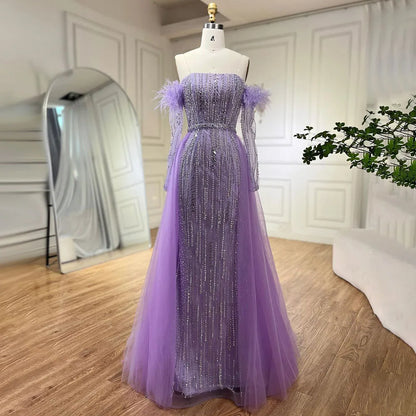 Serene Hill Lilac Mermaid Overskirt Feather Beaded Evening Dresses With Gloves Gowns 2025 For Women Party LA72029 - SERENE HILL
