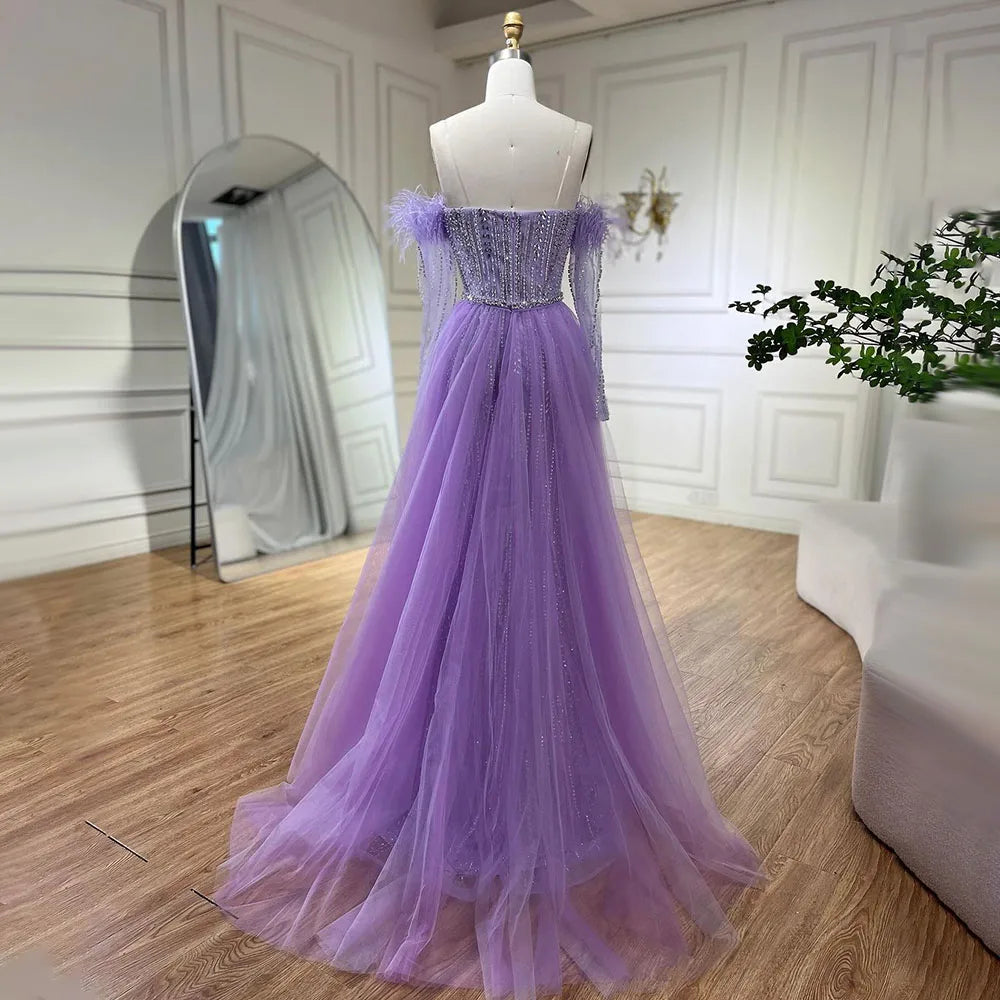 Serene Hill Lilac Mermaid Overskirt Feather Beaded Evening Dresses With Gloves Gowns 2025 For Women Party LA72029 - SERENE HILL