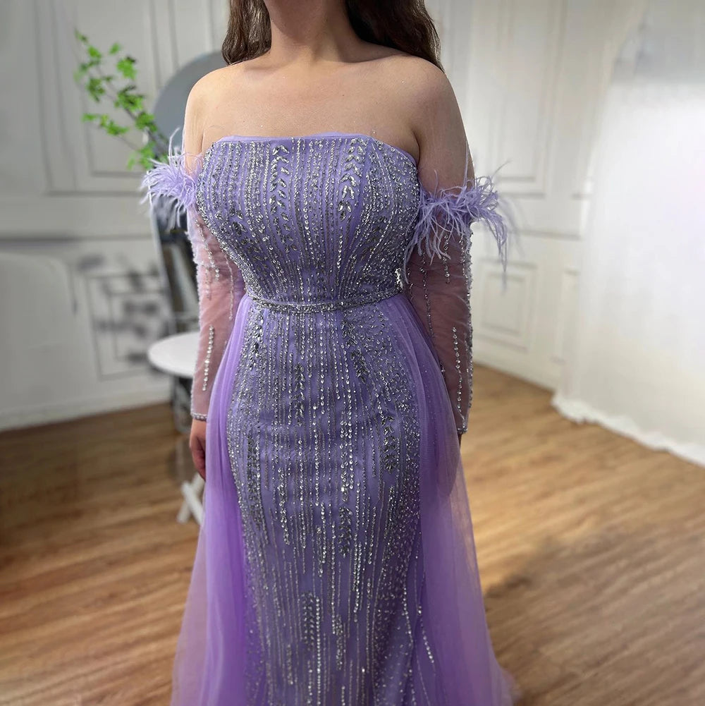 Serene Hill Lilac Mermaid Overskirt Feather Beaded Evening Dresses With Gloves Gowns 2025 For Women Party LA72029 - SERENE HILL