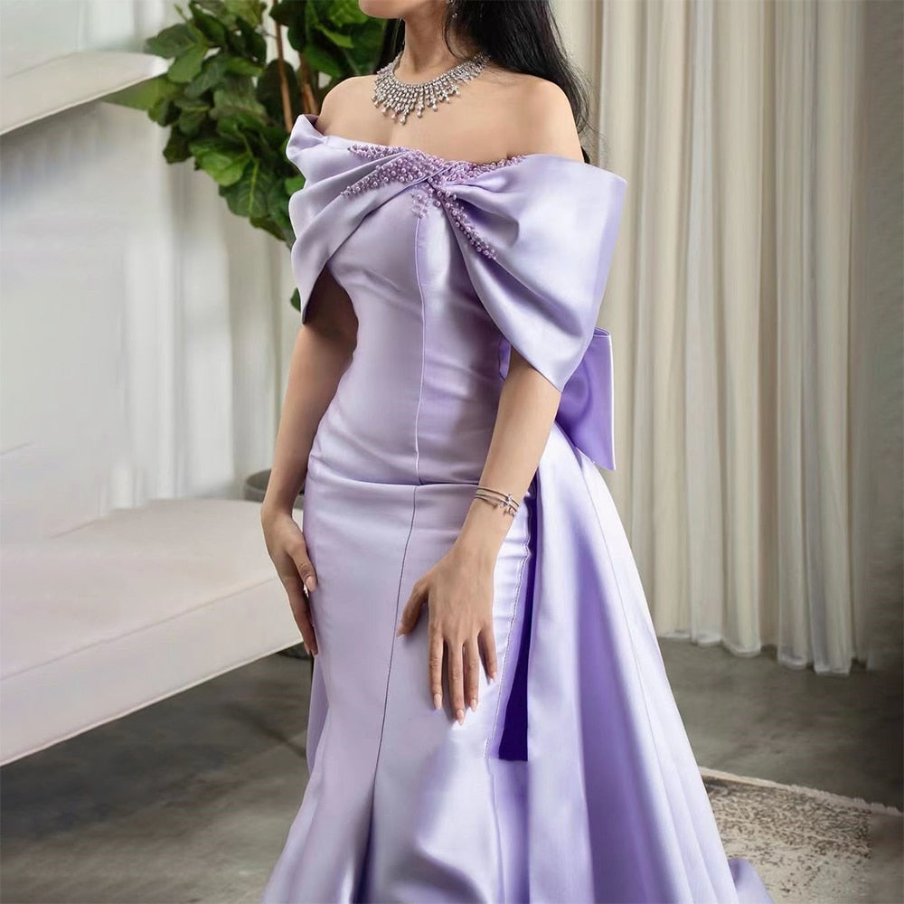 Elegant Off Shoulder Lilac Evening Dress with Overskirt LA72075 - SERENE HILL
