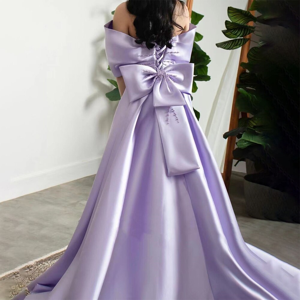 Elegant Off Shoulder Lilac Evening Dress with Overskirt LA72075 - SERENE HILL