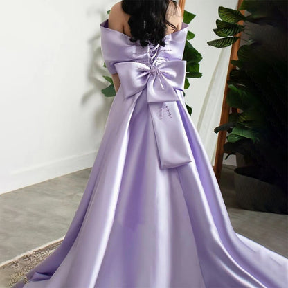 Elegant Off Shoulder Lilac Evening Dress with Overskirt LA72075 - SERENE HILL