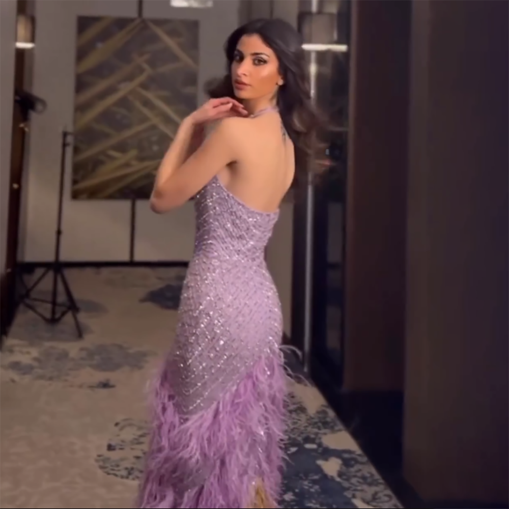 Lilac Feather Halter Mermaid Luxury Dubai Evening Dress LA72056 - SERENE HILL