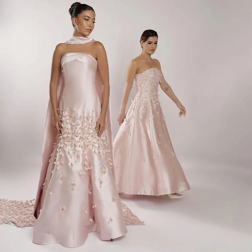 Luxury Dubai Luxury Peach Satin Mermaid Evening Dress with Cape Saudi Arabic for Formal Occasion LA72483A - SERENE HILL