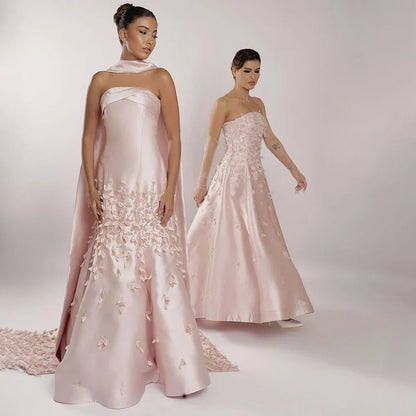 Luxury Dubai Luxury Peach Satin Mermaid Evening Dress with Cape Saudi Arabic for Formal Occasion LA72483A - SERENE HILL