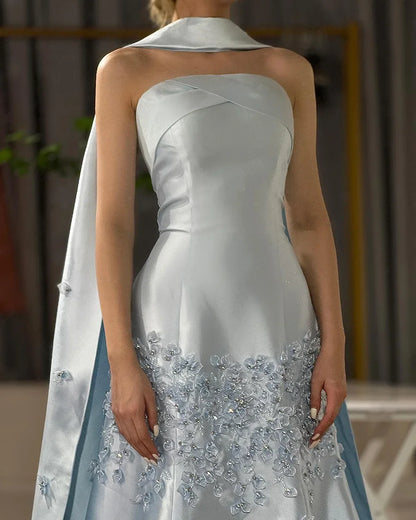 Luxury Dubai Luxury Peach Satin Mermaid Evening Dress with Cape Saudi Arabic for Formal Occasion LA72483A - SERENE HILL