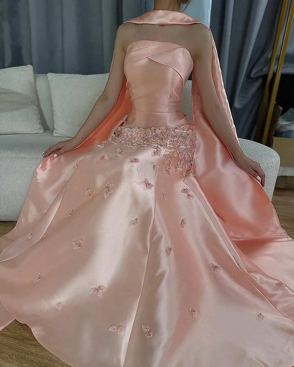 Luxury Dubai Luxury Peach Satin Mermaid Evening Dress with Cape Saudi Arabic for Formal Occasion LA72483A - SERENE HILL