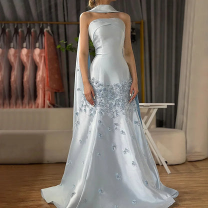 Luxury Dubai Luxury Peach Satin Mermaid Evening Dress with Cape Saudi Arabic for Formal Occasion LA72483A - SERENE HILL