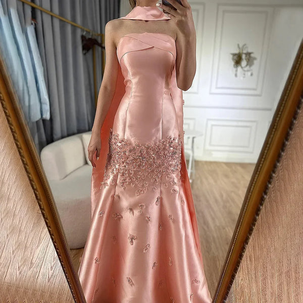 Luxury Dubai Luxury Peach  Satin Mermaid Evening Dress with Cape Saudi Arabic for Formal Occasion  LA72483A