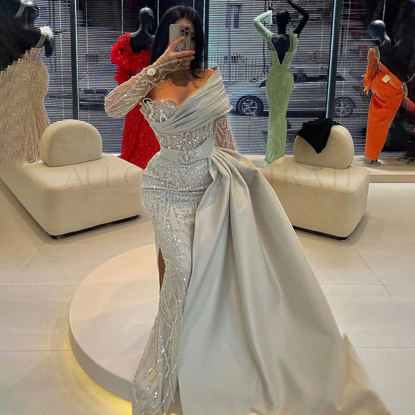 Serene Hill Luxury Arabic Nude Pearls Beaded Evening Dresses Dubai Elegant One Shoulder Women Wedding Party Gowns 2025 LA72486