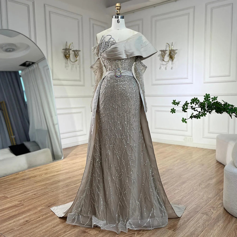 Serene Hill Luxury Arabic Nude Pearls Beaded Evening Dresses Dubai Elegant One Shoulder Women Wedding Party Gowns 2025 LA72486 - SERENE HILL