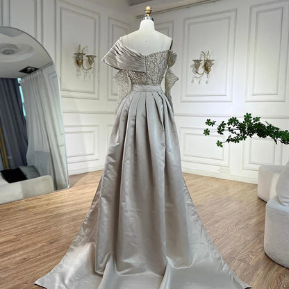 Serene Hill Luxury Arabic Nude Pearls Beaded Evening Dresses Dubai Elegant One Shoulder Women Wedding Party Gowns 2025 LA72486 - SERENE HILL