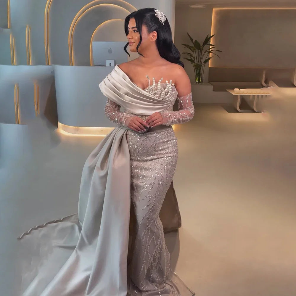 Serene Hill Luxury Arabic Nude Pearls Beaded Evening Dresses Dubai Elegant One Shoulder Women Wedding Party Gowns 2025 LA72486 - SERENE HILL