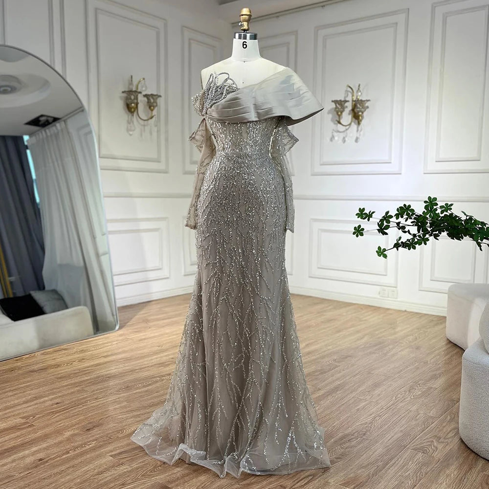 Serene Hill Luxury Arabic Nude Pearls Beaded Evening Dresses Dubai Elegant One Shoulder Women Wedding Party Gowns 2025 LA72486 - SERENE HILL