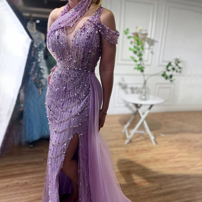 Luxury Beaded Caramel Mermaid Halter Evening Dress LA71778A - SERENE HILL