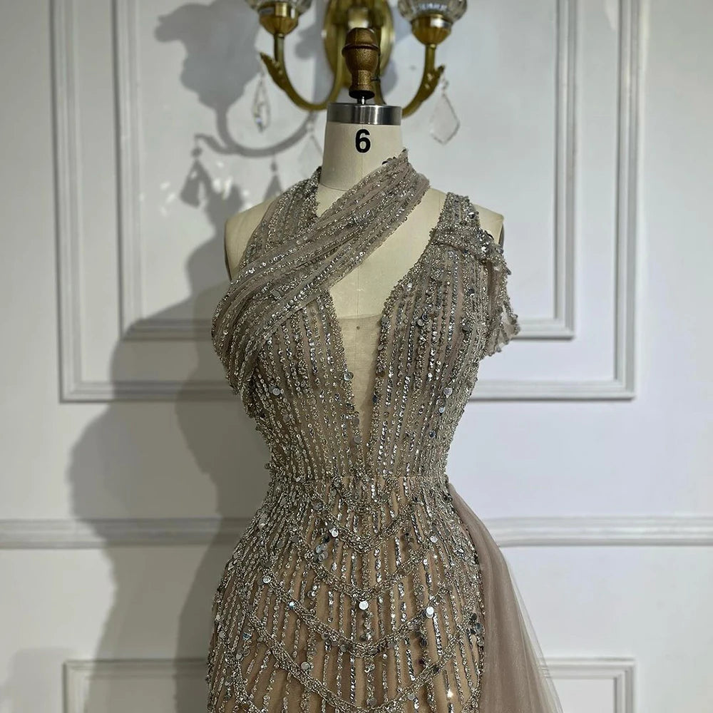 Luxury Beaded Caramel Mermaid Halter Evening Dress LA71778A - SERENE HILL