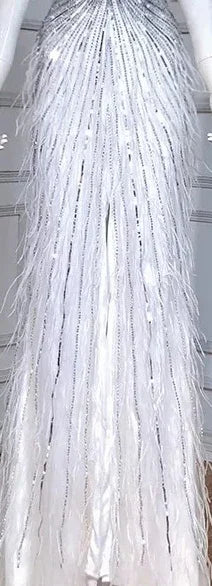 Serene Hill Luxury Beaded Feather Beige High Split Mermaid Evening Dresses Gowns Backless 2025 For Women Party LA70623B - SERENE HILL