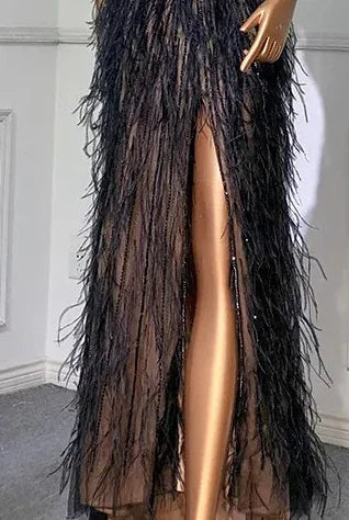 Serene Hill Luxury Beaded Feather Beige High Split Mermaid Evening Dresses Gowns Backless 2025 For Women Party LA70623B - SERENE HILL