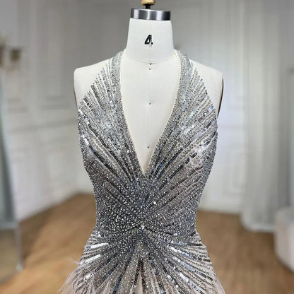 Serene Hill Luxury Beaded Feather Beige High Split Mermaid Evening Dresses Gowns Backless 2025 For Women Party LA70623B - SERENE HILL