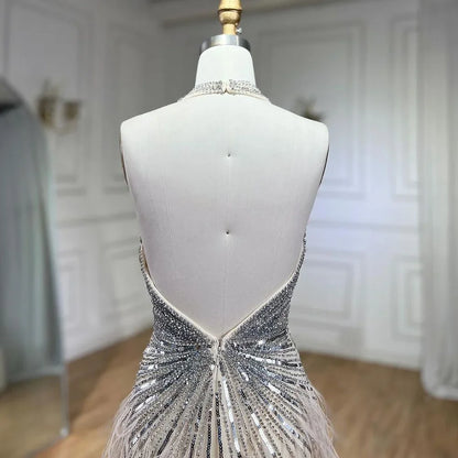 Serene Hill Luxury Beaded Feather Beige High Split Mermaid Evening Dresses Gowns Backless 2025 For Women Party LA70623B - SERENE HILL