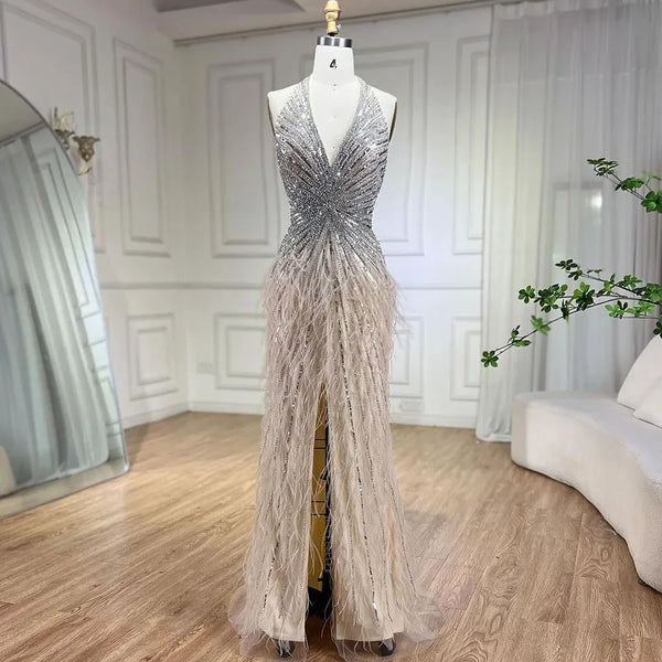 Luxury Beige Beaded Feather Mermaid Evening Dress with Slit LA70623B Beige / 10