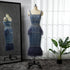 Luxury Blue Lace Midi Evening Dress with Crystals and Feathers LA71492A - SERENE HILL