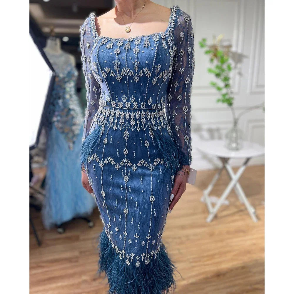 Luxury Black Feathers Midi Evening Dress with Long Sleeve LA71492AM - SERENE HILL