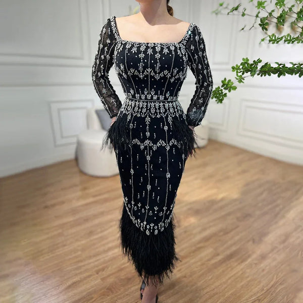 Luxury Black Feathers Midi Evening Dress with Long Sleeve LA71492AM