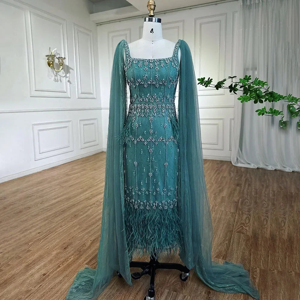 Luxury Blue Lace Midi Evening Dress with Crystals and Feathers LA71492A - SERENE HILL