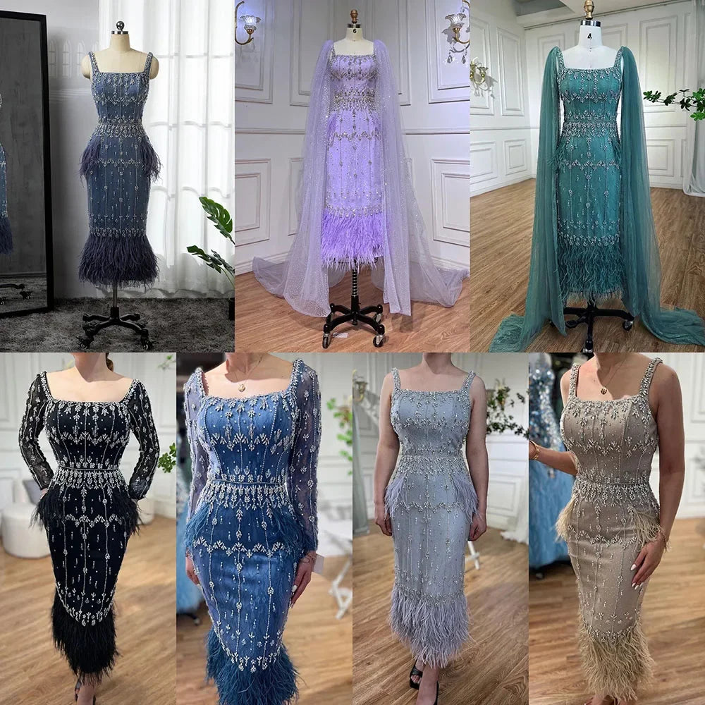 Luxury Crystal Feathers Blue Lace Midi Arabic Evening Dress Gown LA71492A - SERENE HILL