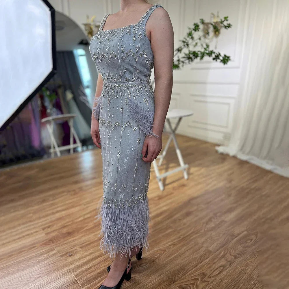 Luxury Blue Lace Midi Evening Dress with Crystals and Feathers LA71492A - SERENE HILL