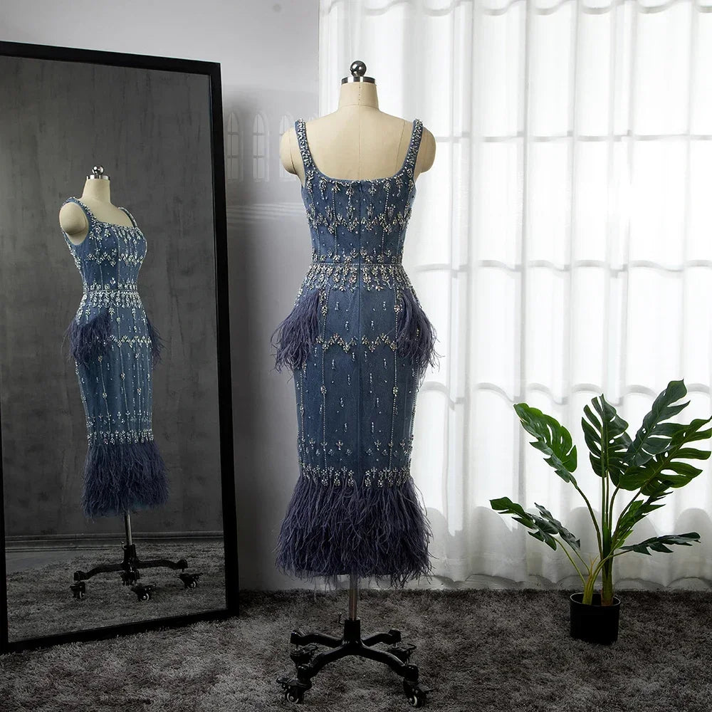 Luxury Blue Lace Midi Evening Dress with Crystals and Feathers LA71492A - SERENE HILL