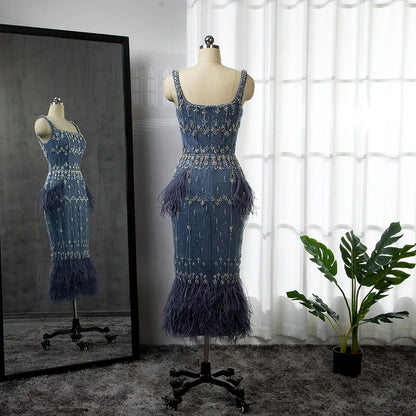 Luxury Blue Lace Midi Evening Dress with Crystals and Feathers LA71492A - SERENE HILL