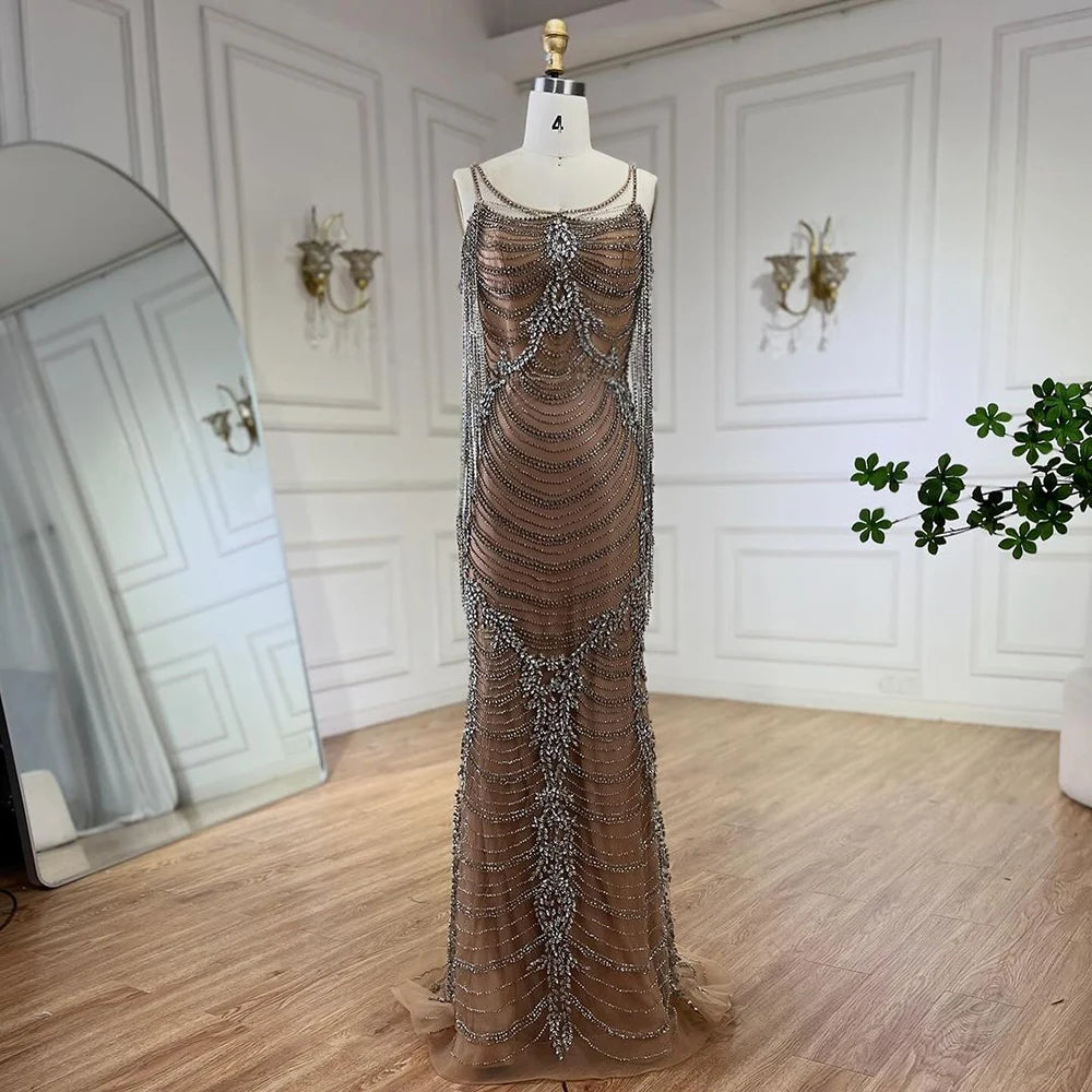 Serene Hill Luxury Crystal Tassel Dubai Caramel Evening Dresses for Women Wedding Spaghetti Strap Formal Prom Party Gown LA72468 - SERENE HILL