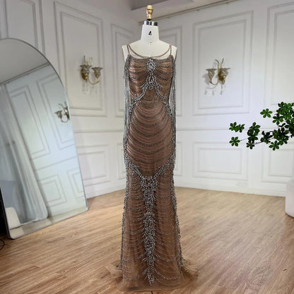 Serene Hill Luxury Crystal Tassel Dubai Caramel Evening Dresses for Women Wedding Spaghetti Strap Formal Prom Party Gown LA72468 - SERENE HILL