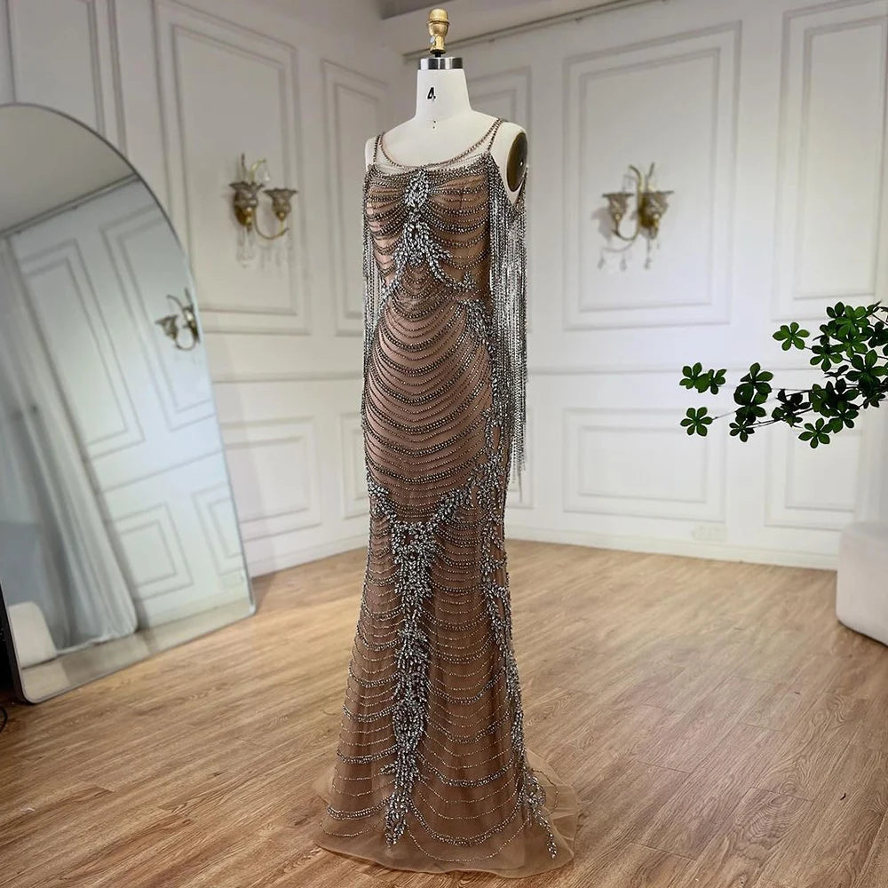 Serene Hill Luxury Crystal Tassel Dubai Caramel Evening Dresses for Women Wedding Spaghetti Strap Formal Prom Party Gown LA72468 - SERENE HILL