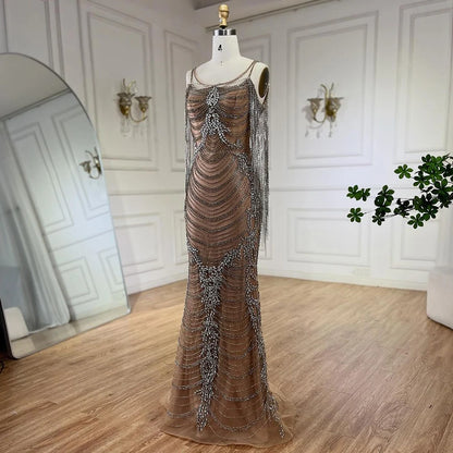 Serene Hill Luxury Crystal Tassel Dubai Caramel Evening Dresses for Women Wedding Spaghetti Strap Formal Prom Party Gown LA72468 - SERENE HILL