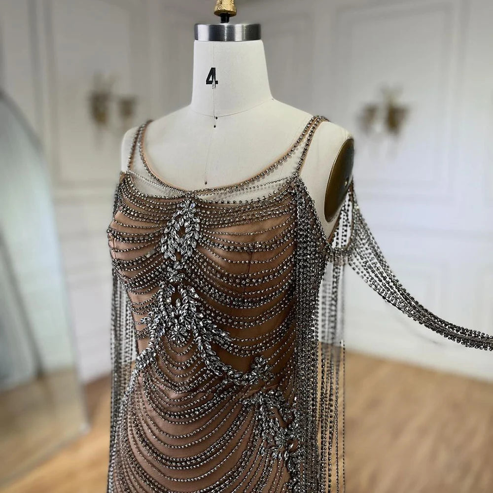 Serene Hill Luxury Crystal Tassel Dubai Caramel Evening Dresses for Women Wedding Spaghetti Strap Formal Prom Party Gown LA72468 - SERENE HILL