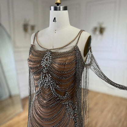 Serene Hill Luxury Crystal Tassel Dubai Caramel Evening Dresses for Women Wedding Spaghetti Strap Formal Prom Party Gown LA72468 - SERENE HILL