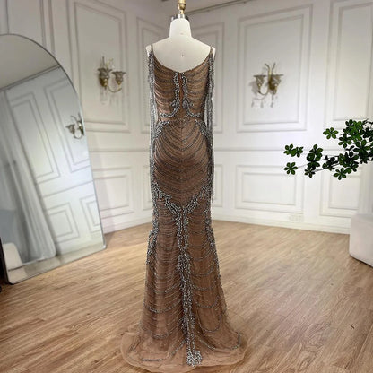 Serene Hill Luxury Crystal Tassel Dubai Caramel Evening Dresses for Women Wedding Spaghetti Strap Formal Prom Party Gown LA72468 - SERENE HILL