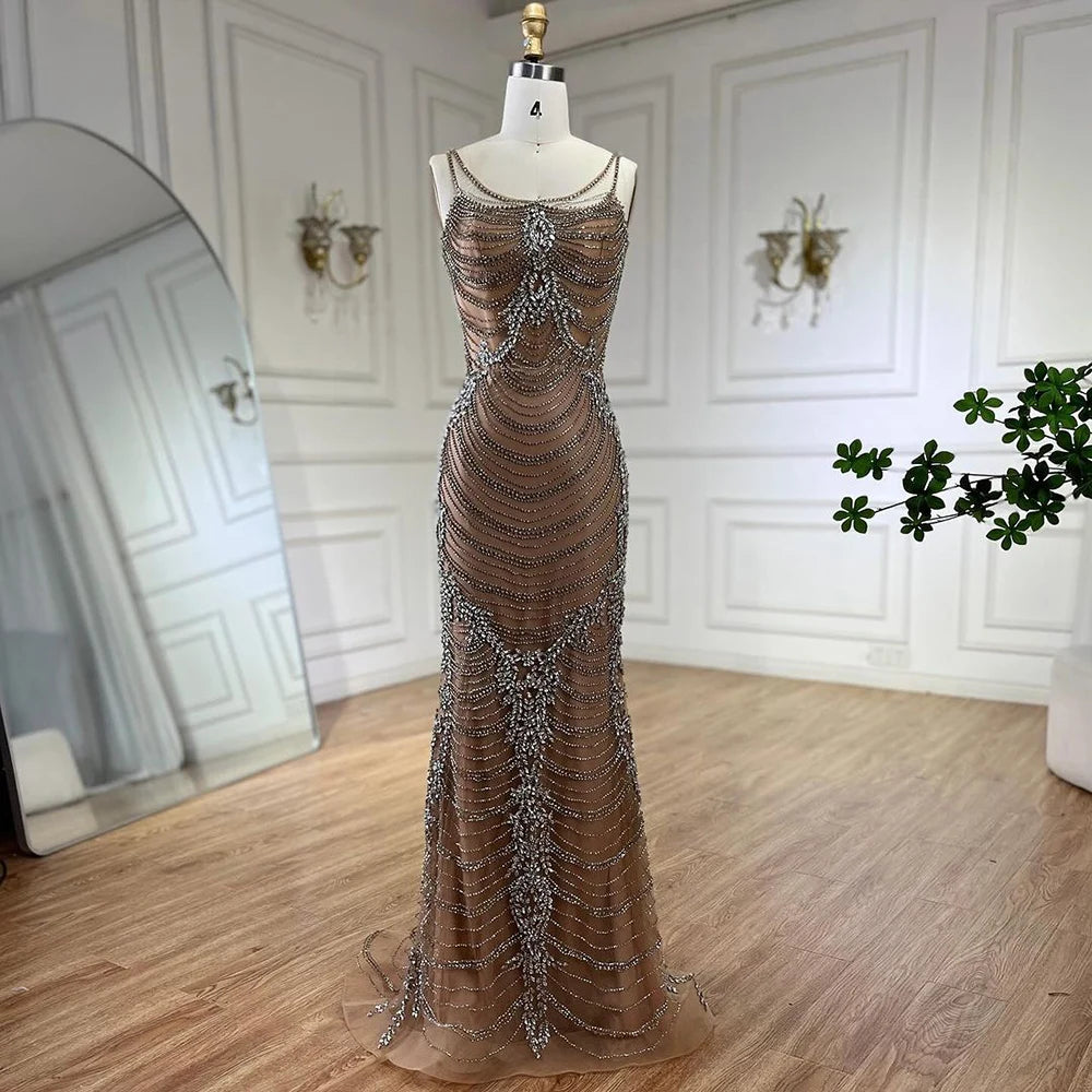 Serene Hill Luxury Crystal Tassel Dubai Caramel Evening Dresses for Women Wedding Spaghetti Strap Formal Prom Party Gown LA72468 - SERENE HILL