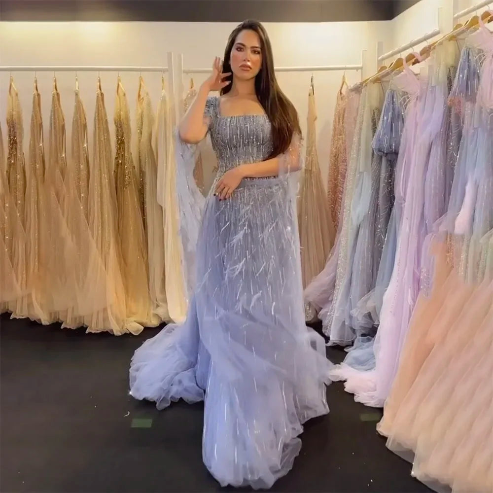 Blue Luxury Feathers Arabic Evening Dresses with Cape LA72236 - SERENE HILL