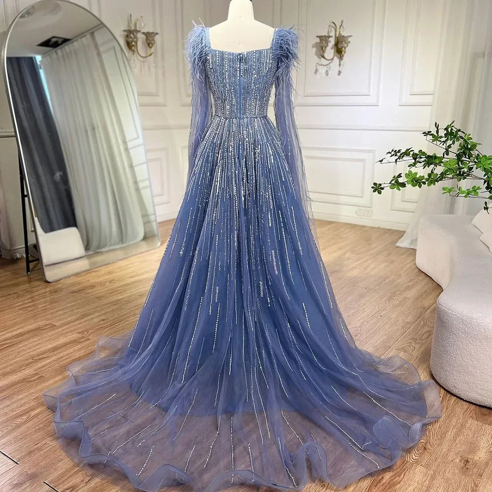 Blue Luxury Feathers Arabic Evening Dresses with Cape LA72236 - SERENE HILL