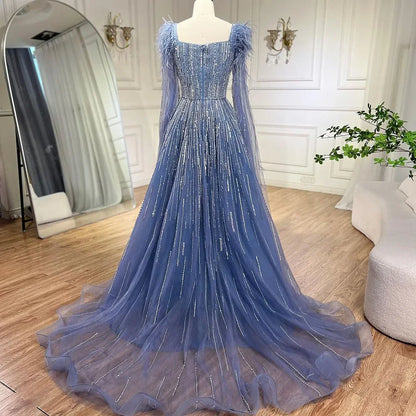 Blue Luxury Feathers Arabic Evening Dresses with Cape LA72236 - SERENE HILL