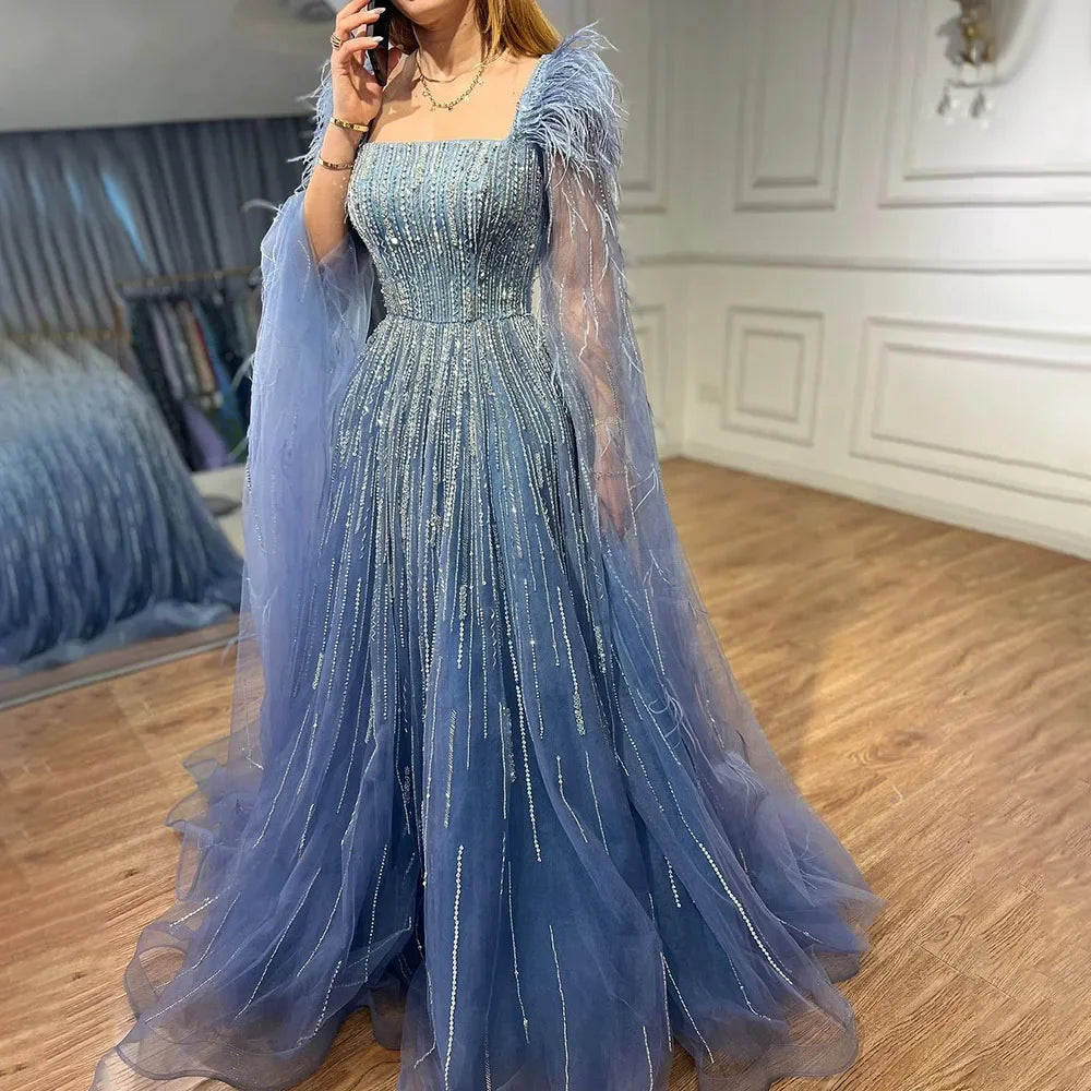 Blue Luxury Feathers Arabic Evening Dresses with Cape LA72236 - SERENE HILL