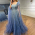 Blue Luxury Feathers Arabic Evening Dresses with Cape LA72236 - SERENE HILL
